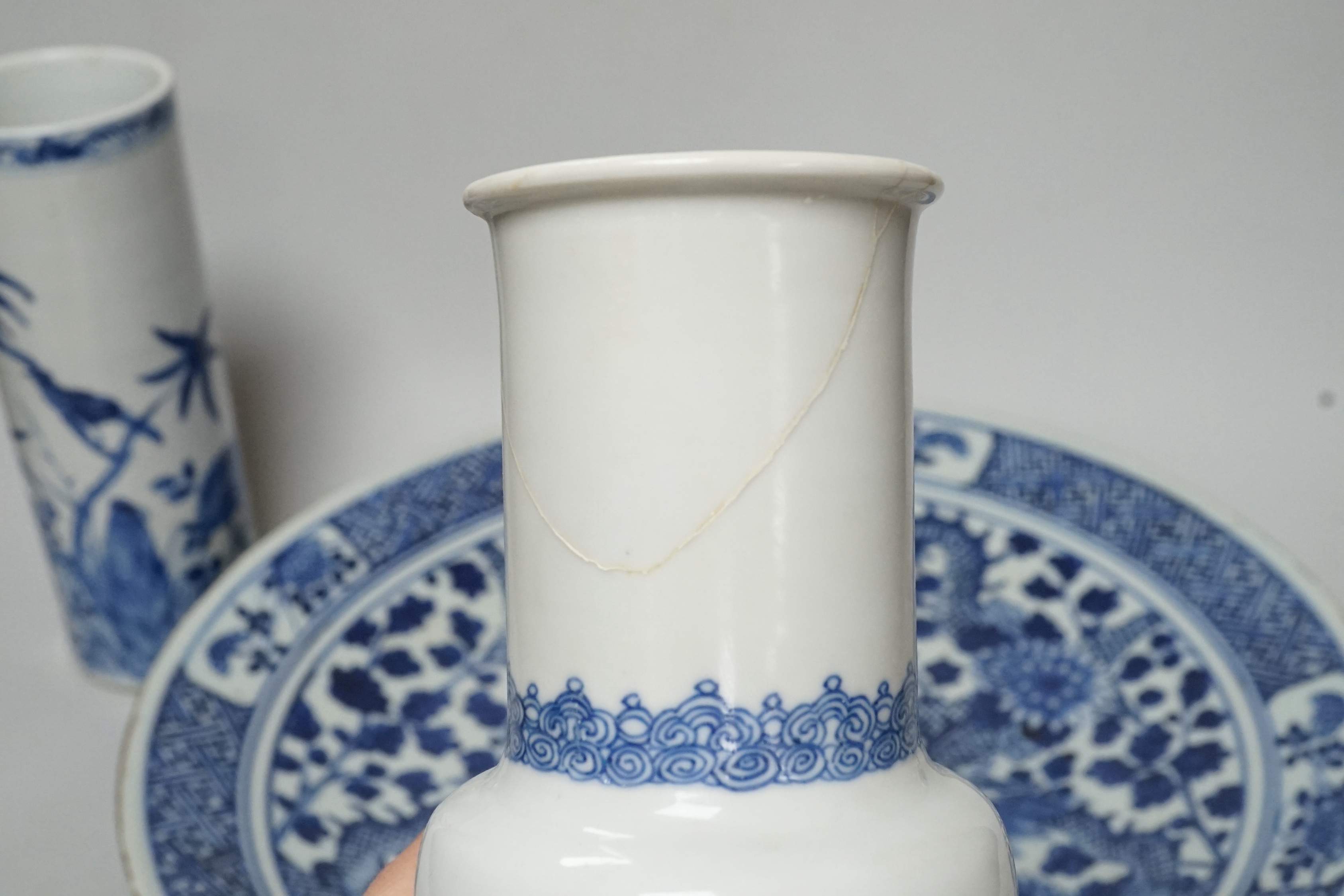 A small Nanking Cargo teabowl and saucer, and other 18th/19th century Chinese blue and white ceramics, tallest 21cm